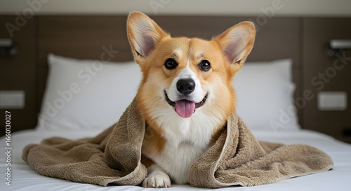 Adorable Corgi dog wrapped in a cozy towel on a bed, looking happy and relaxed