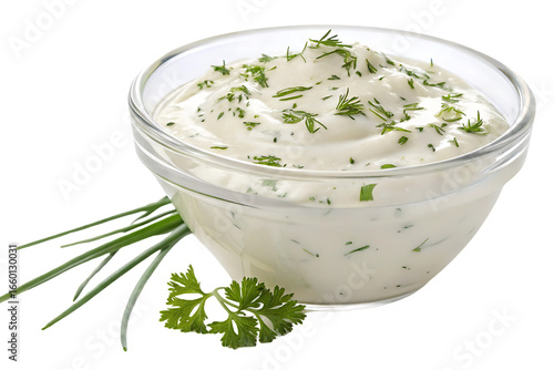 Creamy ranch dressing with fresh herbs sprinkled on top, isolated on a transparent background