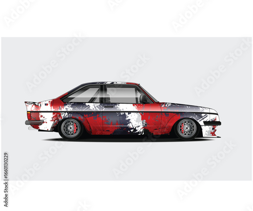 Classic Car with Custom Paint Job Red White and Gray Splatter Design