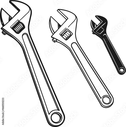 3 adjustable pipe wrenches side by side
