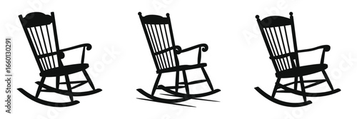 Set of Three Black Silhouette Rocking Chairs, Classic Wooden Rockers with Armrests and Slatted Backs, Vintage Style Furniture Icons, Cozy Home and Porch Seating Vector