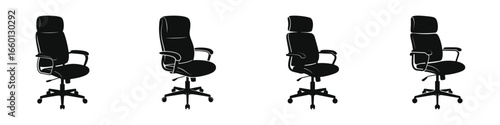Set of four black office chair silhouettes with high backrest, armrests, adjustable height, caster wheels, ergonomic design, and swivel base isolated on white background