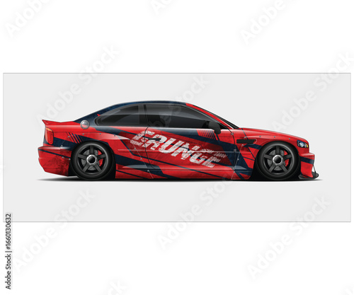 Red Sports Car with Grunge Graphic Wrap Design on a White Background