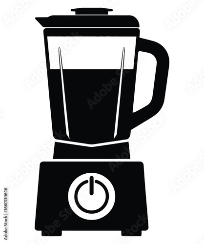 Illustration of a black blender, a kitchen appliance used for mixing, blending, and pureeing ingredients, commonly used to make smoothies and drinks