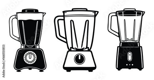 Vector art of a set of three blenders, essential kitchen appliances used for food preparation, blending ingredients, and making smoothies