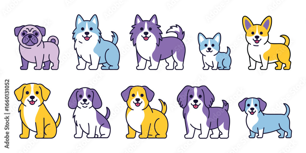 Fototapeta premium Cute Outline Dog Breeds Set – Hand-Drawn Purebred Puppy Vector Collection Featuring Doodle Style Sketches for Pet Illustrations, Dog Posters, and Animal-Themed Designs
