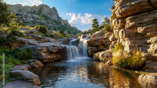 Scenic waterfall cascading over rocky terrain into a serene pool, surrounded by lush greenery and rugged cliffs under a bright blue sky with fluffy clouds