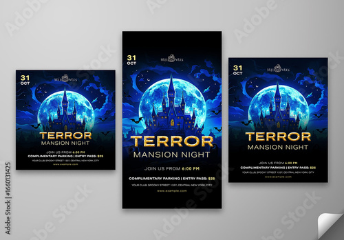Terror Mansion Night Party Flyer with Haunted House Under Full Moon Sky for Spooky Halloween Event Promotion, Editable Design.