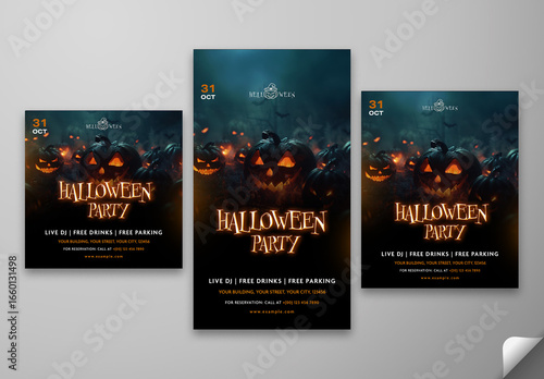 Halloween Party Social Media Posts and Story Template with Illuminated Jack O Lanterns in Spooky Background for Scary Night Event Promotion, Editable Design.