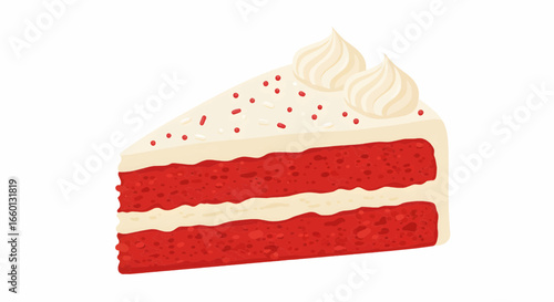 Red Velvet Cake Slice Dessert with Frosting and Sprinkles Isolated on White Background