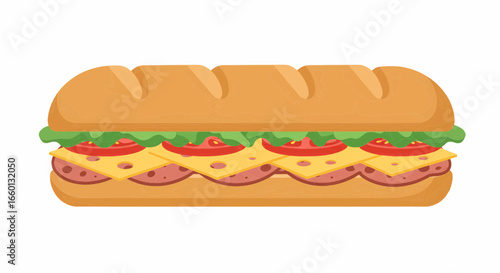 Flat vector icon of a delicious deli submarine sandwich with ham, cheese, and fresh salad.