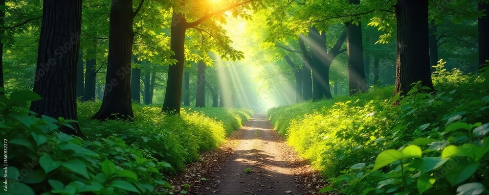 Obraz premium Sun-dappled forest path winding through lush green foliage, sunlight filtering through leaves, creating a magical atmosphere Perfect for nature, travel, and adventure themes , branches, autumn