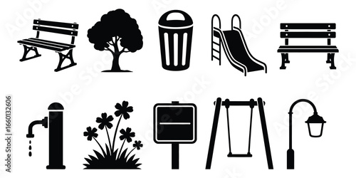 Vector art of black and white park elements illustration benches, tree, trash can, slide, fountain, flowers, sign, swing, and lamp for recreation and design