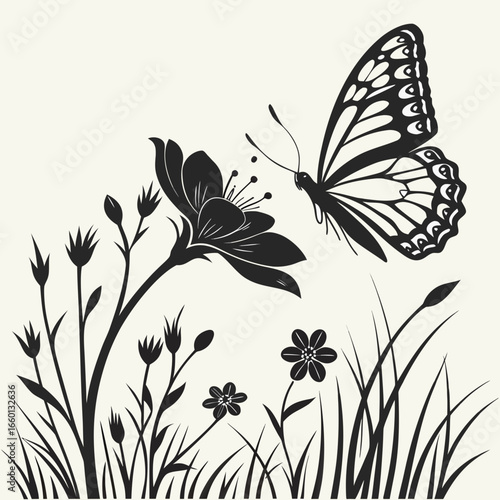 Elegant black silhouette of a butterfly visiting a blooming flower in a meadow