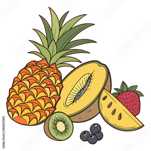 A vibrant assortment of fresh tropical and berry fruits including pineapple melon kiwi strawberry and blueberries