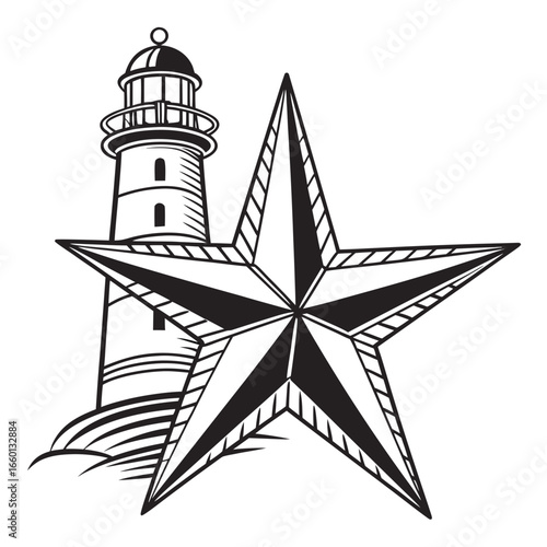 Nautical star emblem with lighthouse and waves illustration