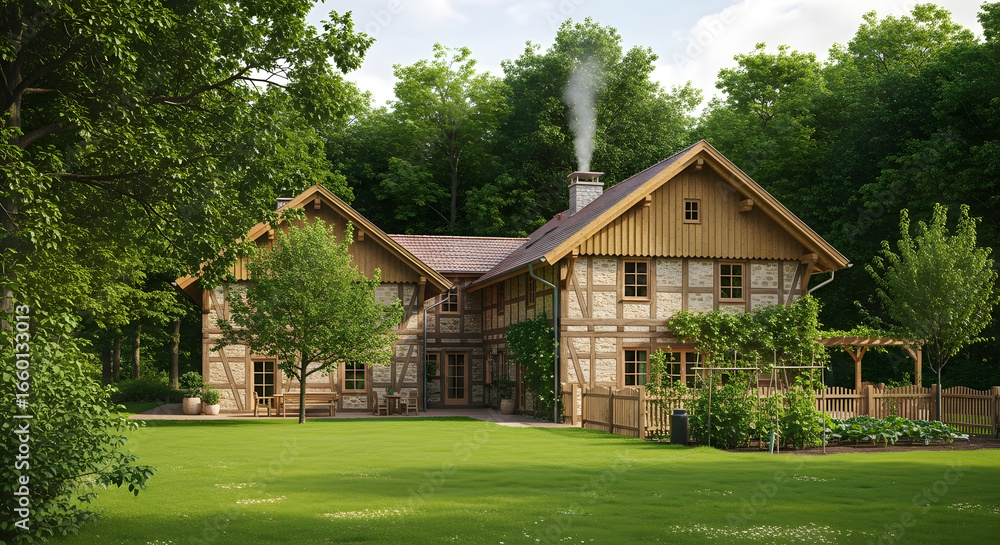 Fototapeta premium Charming timber frame house with a smoking chimney in a green landscape