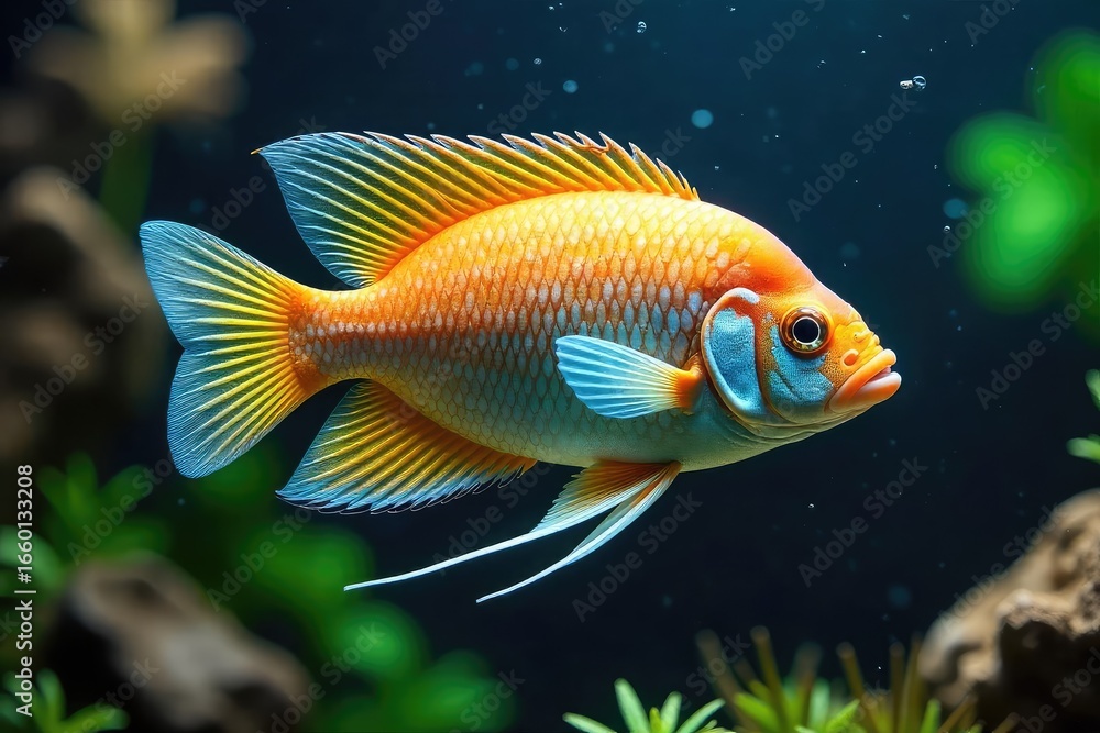 Fototapeta premium Graceful Aquarius Fish Swimming in Lush Planted Aquarium Vibrant Tropical Wildlife Showcase