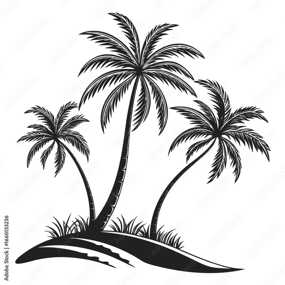 Fototapeta premium Three silhouette palm trees on a tropical island beach with grass and water