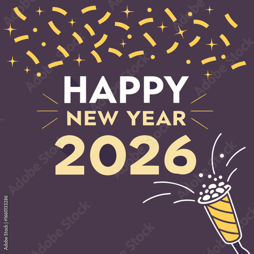 Happy new year 2026 celebration with confetti and party popper design