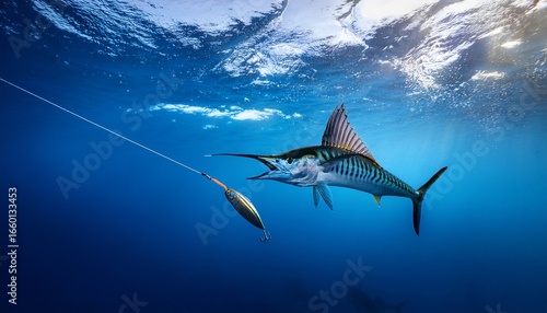 blue marlin jumping towards a lure