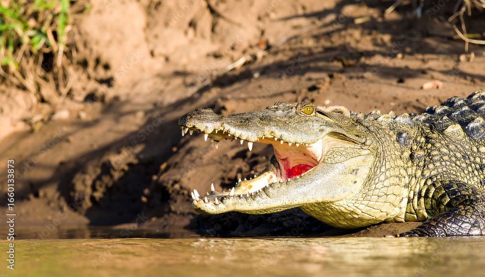 Fototapeta premium A large crocodile with its mouth open, rests on the bank of a river, showcasing its sharp teeth and scales.