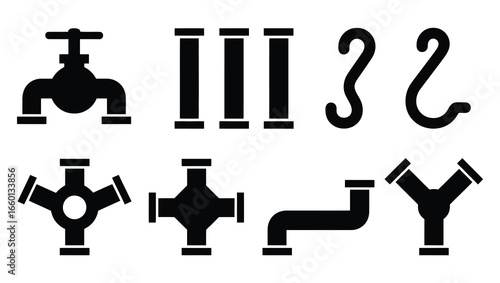 Illustration of various plumbing pipe fittings and connections, showcasing different types of connectors, valves, and joints used in plumbing systems
