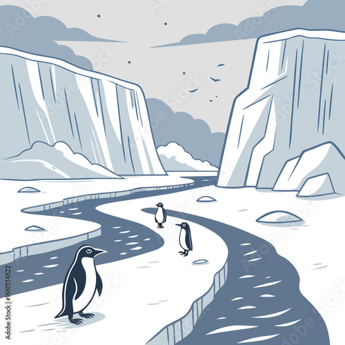 Penguins walking on a snowy path in antarctica with icebergs around