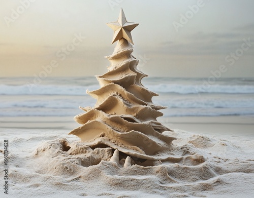 Wallpaper Mural A sand Christmas tree, topped with a star, stands on the beach Torontodigital.ca