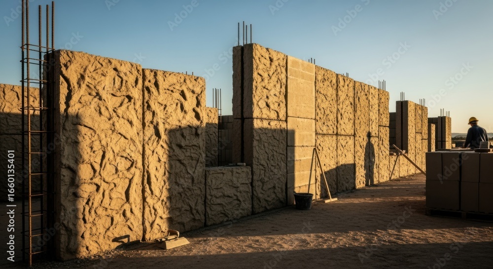 Obraz premium Wide view of a partially built structure using papercrete blocks with sunlight casting shadows illustrating energyefficient architecture and modern ecoconstruction methods.