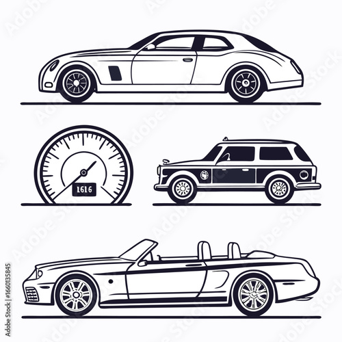 Luxury sports convertible car icons set for automotive design and branding