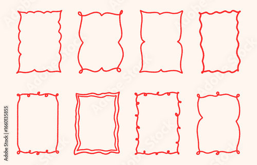 Vintage hand drawn frames, Cute red trendy coquette frames with whimsical lines, minimalist line art borders for poster, banner, wedding invitation, cards and decorative border designs