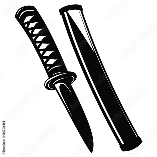 Stylized depiction of a Japanese Tanto knife and its scabbard, in black and white