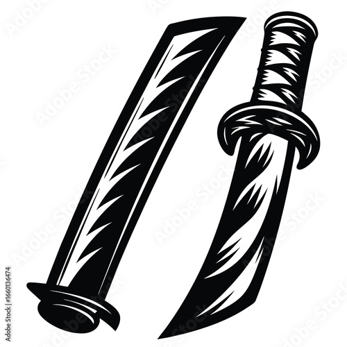 Stylized black and white illustration of a Japanese Katana sword with its sheath