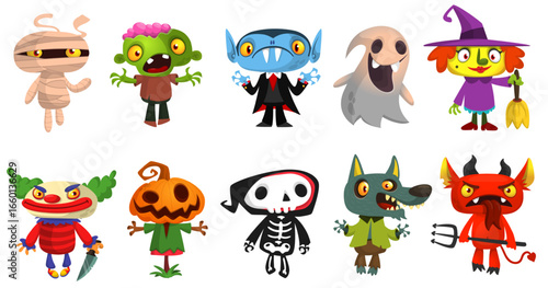 Cartoon set of Halloween characters design. Vector  illustration of mummy zombie vampire ghost grim reaper devil werewolf witch pumpkin head