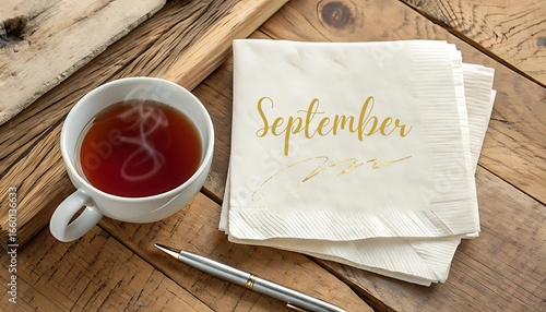 Tea Moment with September: A cup of steaming tea paired with a napkin and pen arranged on a wooden background, offering a moment of calm and reflection in the month of September.