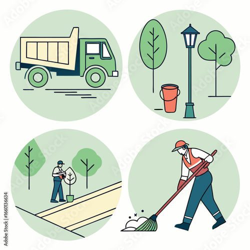 Outdoor sweeping icon set featuring 12 street cleaning graphics for various applications