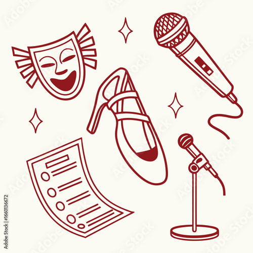 A comprehensive collection of 15 diverse performing arts icons featuring theatrical masks and related imagery for creative projects