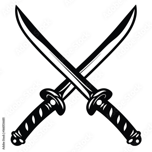 Two crossed katana swords, a symbol of strength and skill, isolated black and white