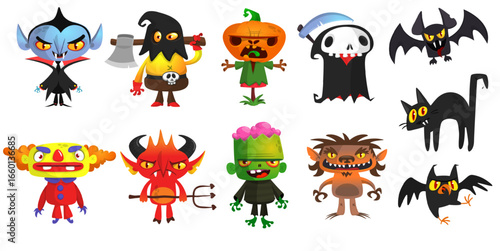 Cartoon set of Halloween characters design. Vector  illustration of mummy zombie vampire ghost grim reaper devil werewolf witch pumpkin head