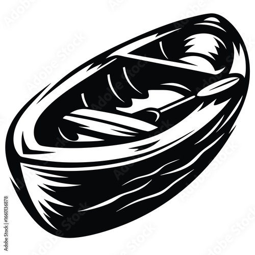 Monochromatic depiction of a kayak with paddle on a white background