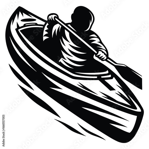 Bold black and white graphic of a kayaker paddling their boat