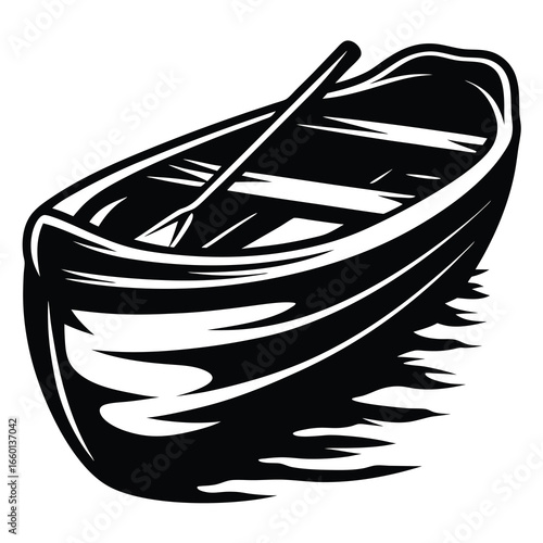 Monochrome vector illustration of a rowboat with oar on water reflection