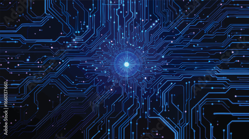 Abstract Blue Digital Circuit Board with Central Glowing Core technology.