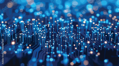 Abstract Blue and Gold Bokeh Lights on Digital Circuit Board Background vector illustration.