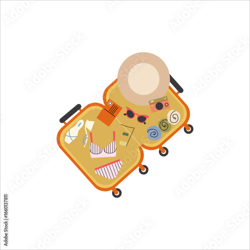 Open suitcase with vacation clothes and accessories, packed travel luggage, holiday suitcase with summer outfits, traveler bag ready for trip, tourism essentials, journey preparation and adventure
