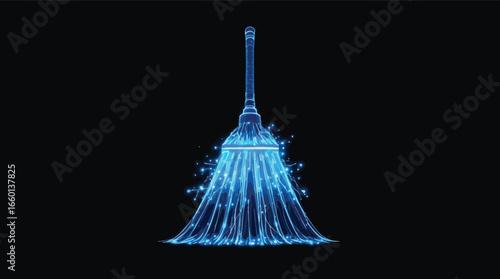 Futuristic Blue Neon Broom Sweeping Digital Particles on Black Background cleaning.