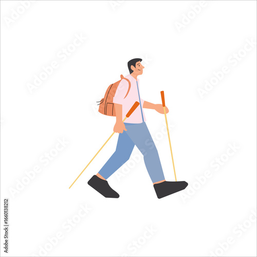 Hiker trekking, traveler with hiking gear, adventure hiker on mountain trail, backpacking traveler exploring nature, outdoor trekking journey, active lifestyle, wanderlust and hiking adventure