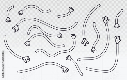 A playful collection of hand-drawn vector arms with hands, presented in a clean line-art style. Ideal for adding a whimsical, quirky, or fun element to cartoon, mascot, or character designs.