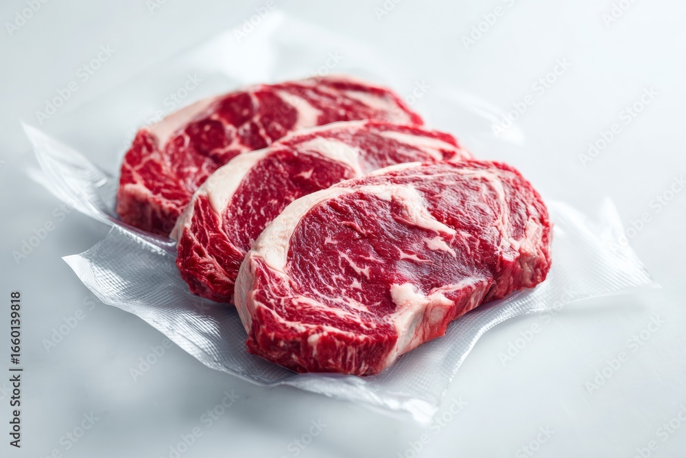 Fototapeta premium Fresh raw ribeye steaks vacuum sealed on white background